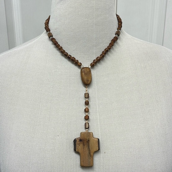 Wooden Beaded Cross Necklace - Picture 2 of 9